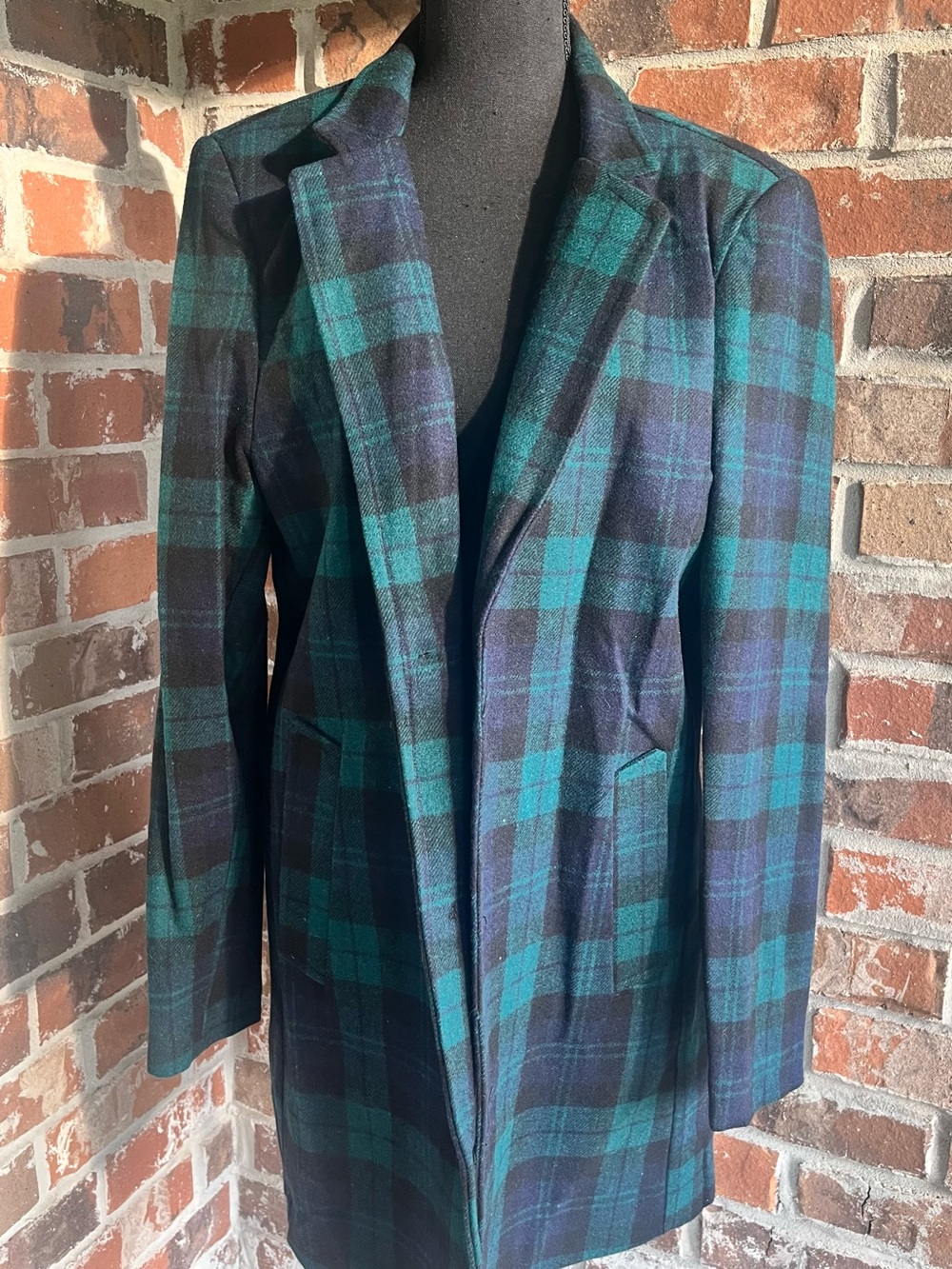 Tailored Plaid Slim Fit Pea Coat in Teal & Navy